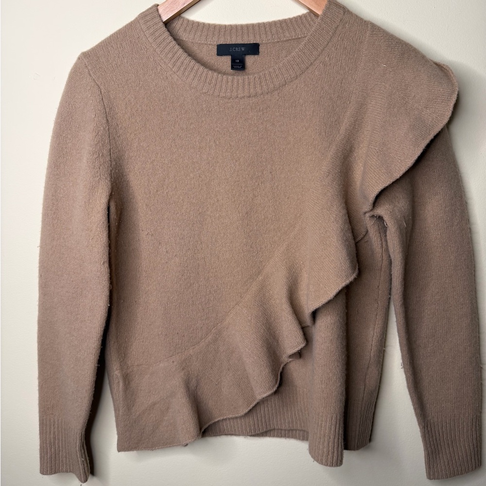 J. CREW 100% Merino Wool Women’s Tan Camel Brown Ruffle Crewneck Sweater. XS